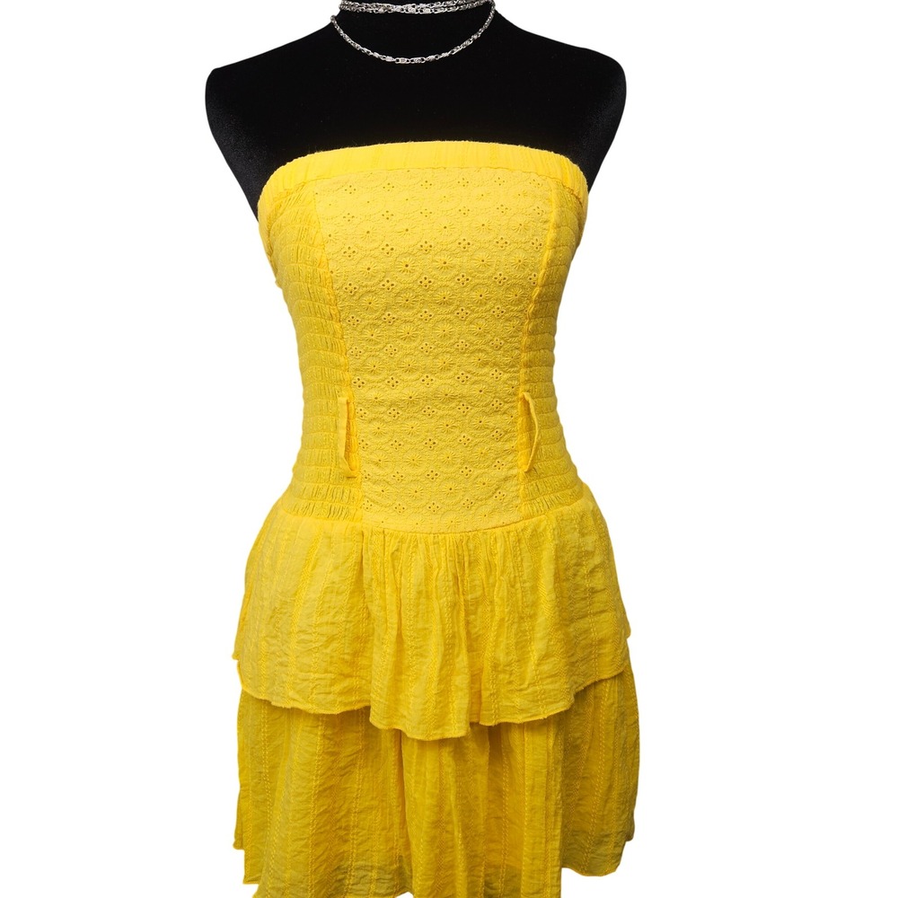 2b bebe Womens Yellow Eyelet Strapless Tiered Ruffle Mini Dress XS 2pk sundreses